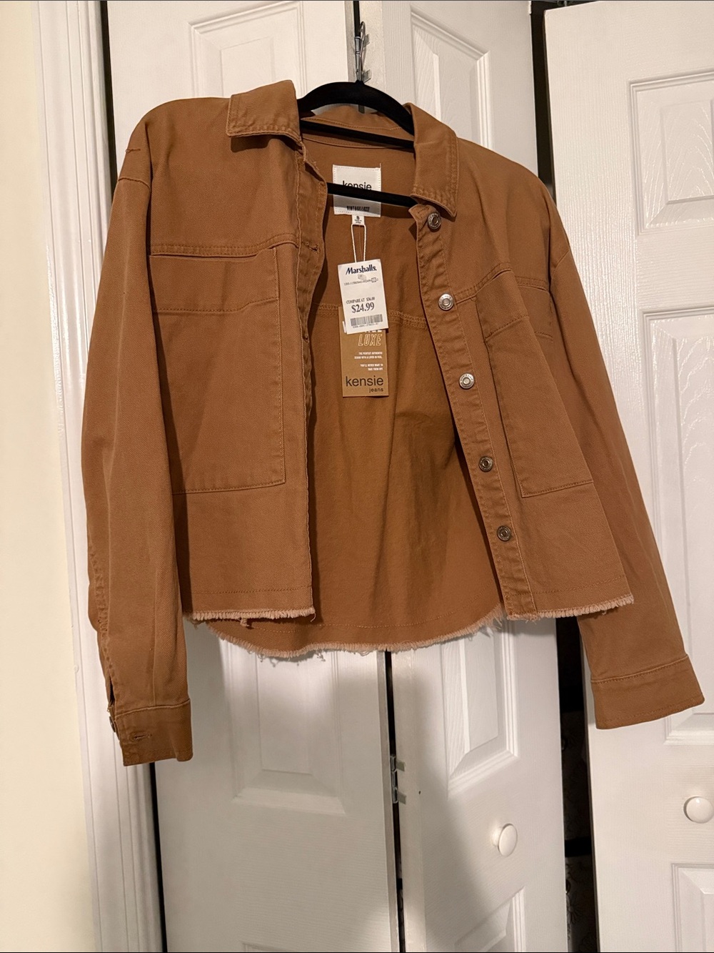 Kensie Cropped Tan Utility Jacket with Raw Hem